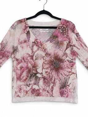 Anthropologie Pink Floral V-Neck Knit Sweater Top